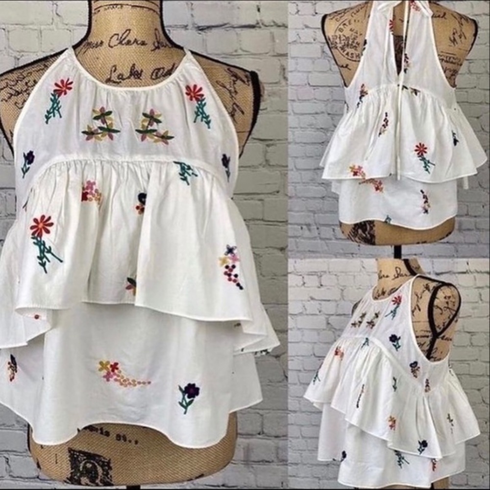 Zara Ruffled Floral Embroidery Top